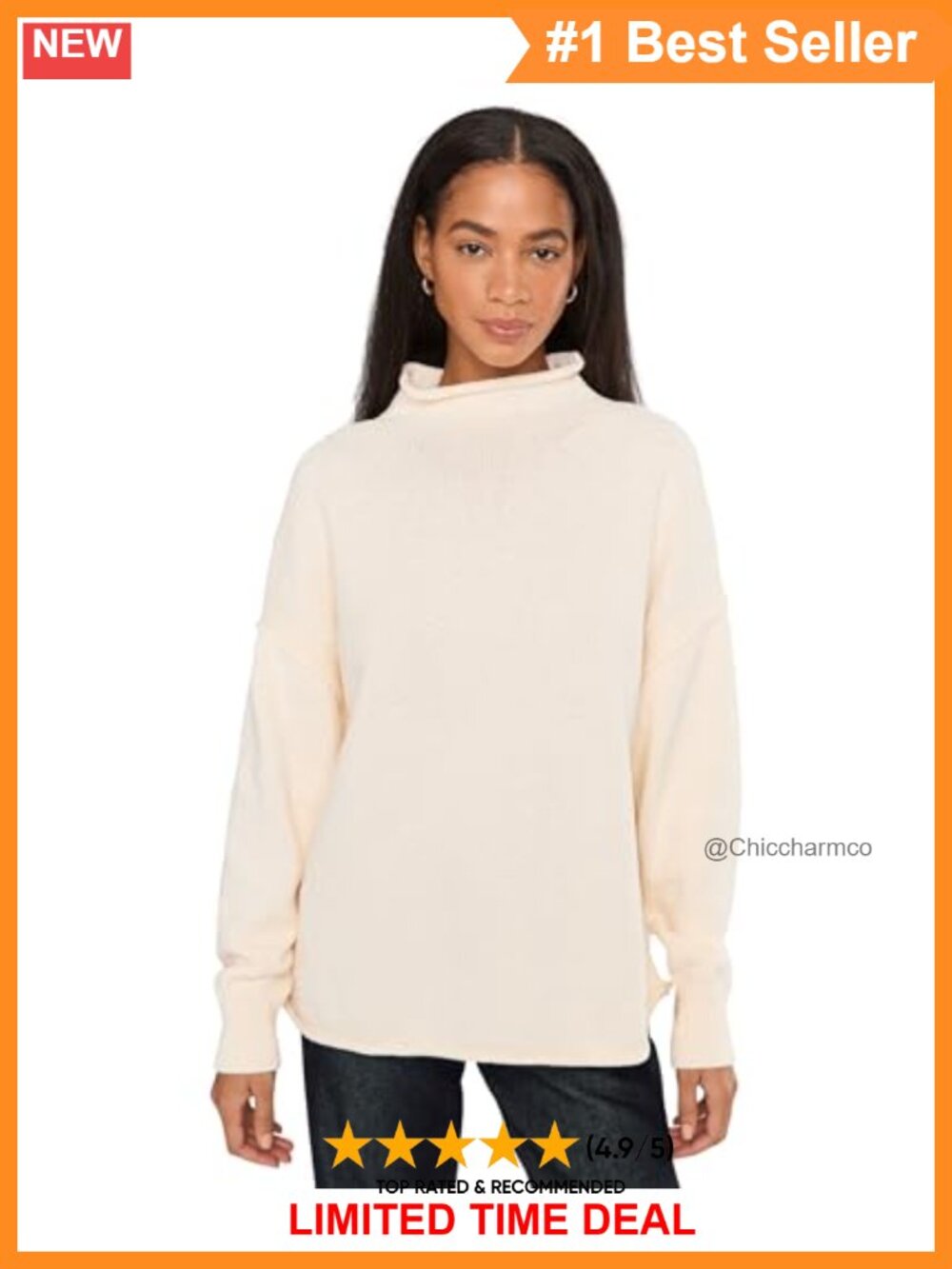 Oversized Cotton Cable Knit Roll Neck Pullover Sweater Floral Embroidery